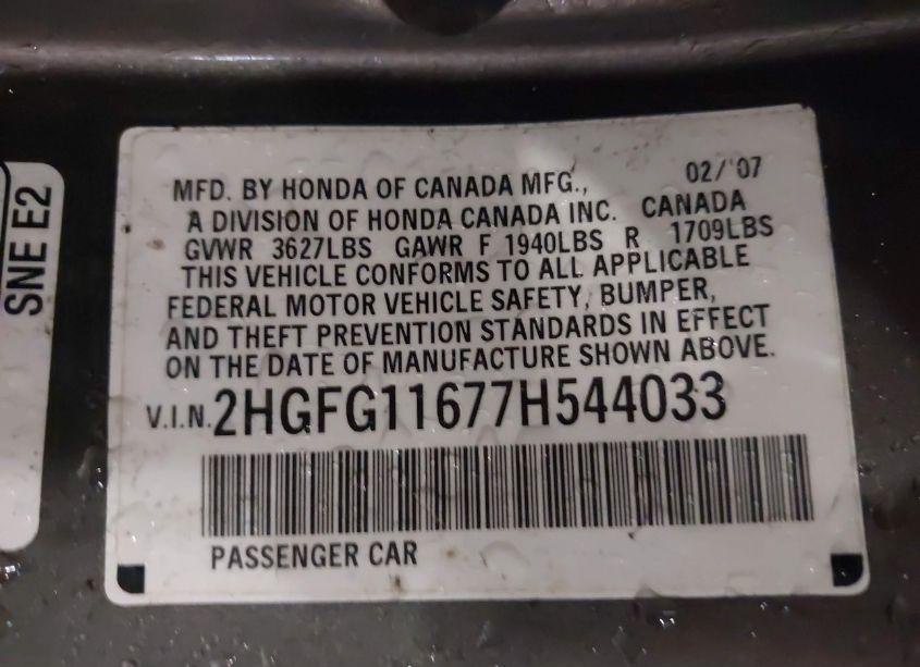 Photo 9 of 2007 Honda Civic LX (VIN 2HGFG11677H544033)
