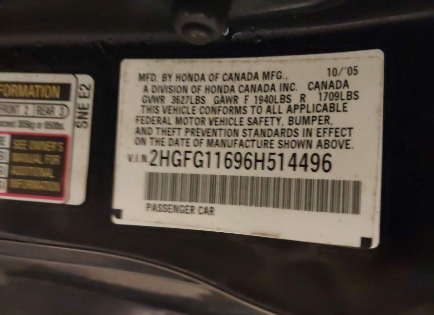 Photo 9 of 2006 Honda Civic LX (VIN 2HGFG11696H514496)