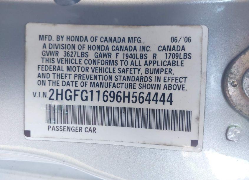 Photo 9 of 2006 Honda Civic LX (VIN 2HGFG11696H564444)