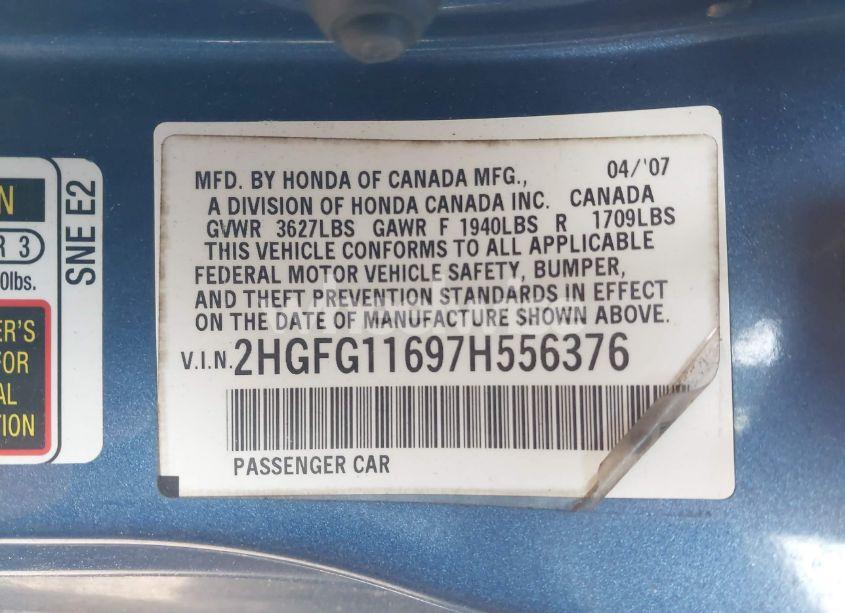 Photo 9 of 2007 Honda Civic LX (VIN 2HGFG11697H556376)