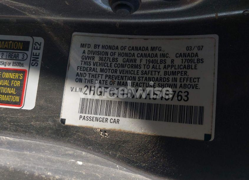 Photo 9 of 2007 Honda Civic LX (VIN 2HGFG116X7H546763)