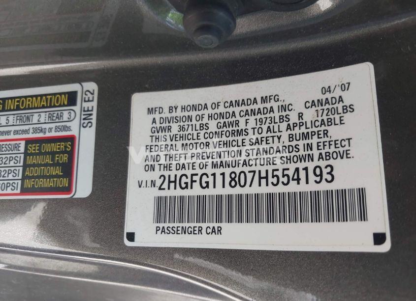 Photo 9 of 2007 Honda Civic CPE EX (VIN 2HGFG11807H554193)