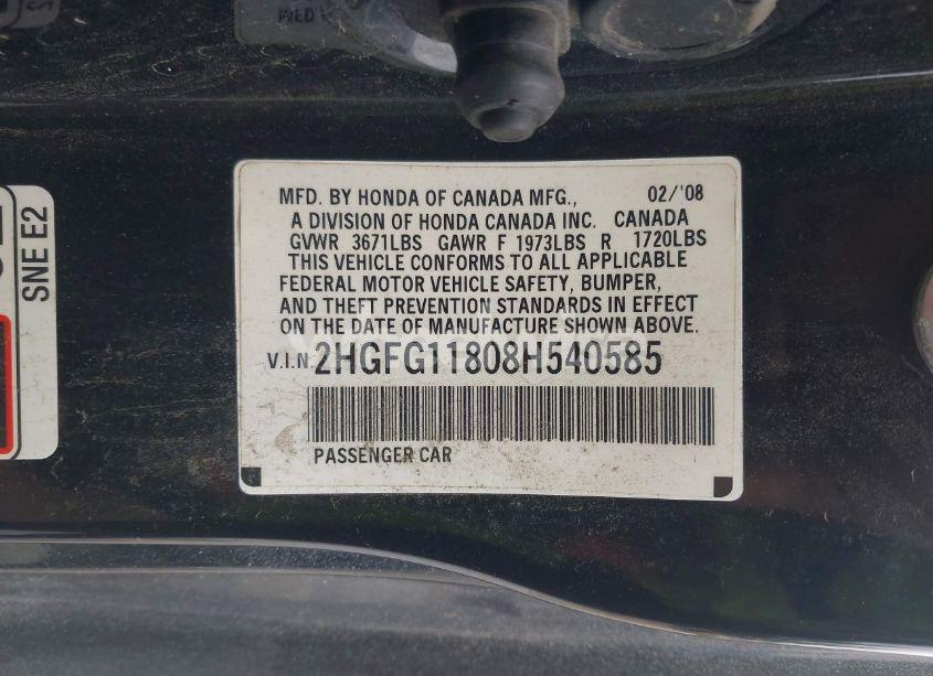 Photo 9 of 2008 Honda Civic EX (VIN 2HGFG11808H540585)