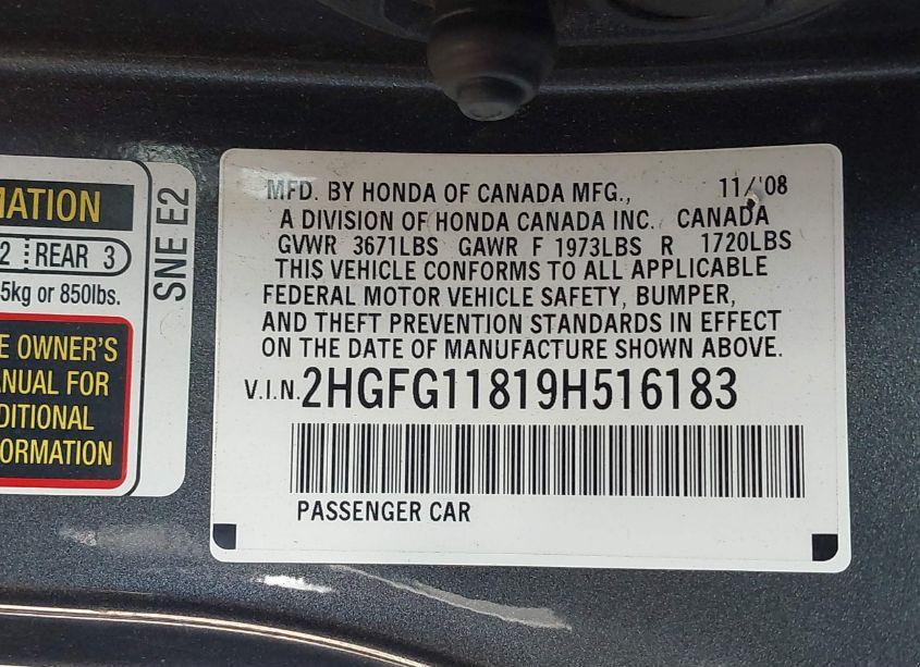 Photo 9 of 2009 Honda Civic EX (VIN 2HGFG11819H516183)