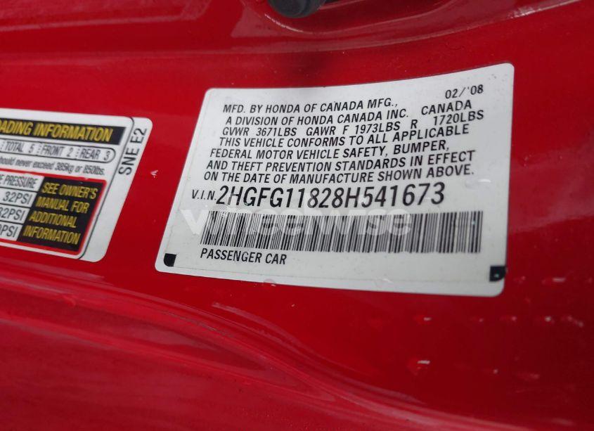 Photo 9 of 2008 Honda Civic EX (VIN 2HGFG11828H541673)