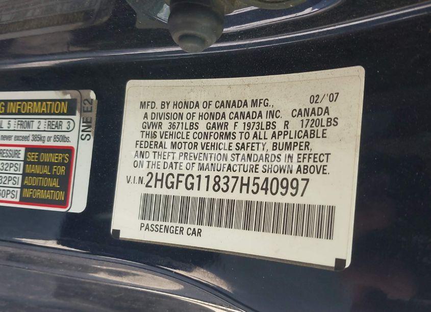 Photo 9 of 2007 Honda Civic EX (VIN 2HGFG11837H540997)