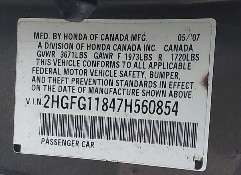 Photo 9 of 2007 Honda Civic EX (VIN 2HGFG11847H560854)