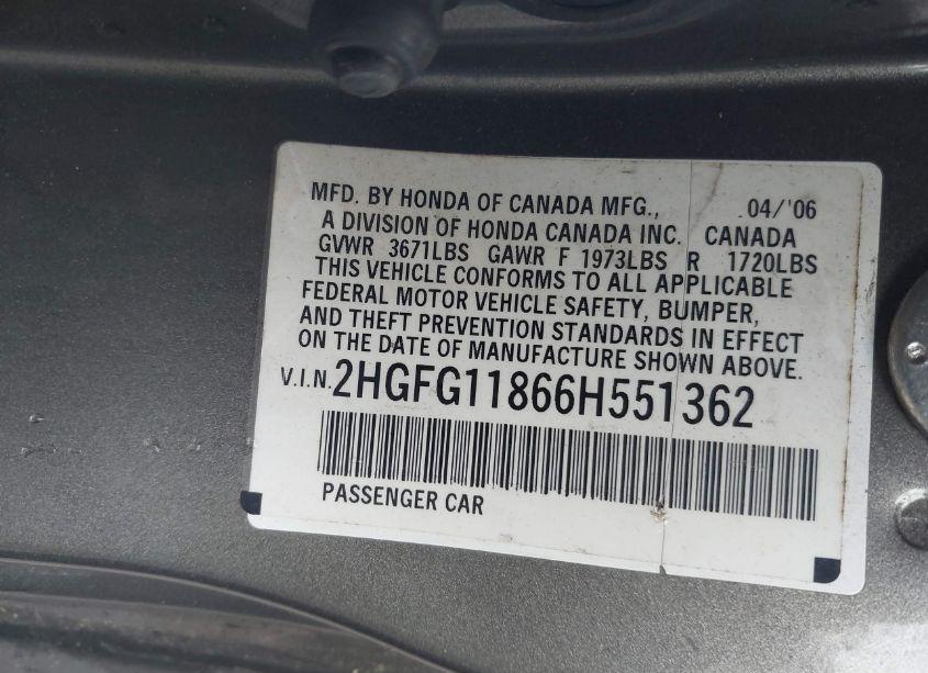 Photo 9 of 2006 Honda Civic EX (VIN 2HGFG11866H551362)