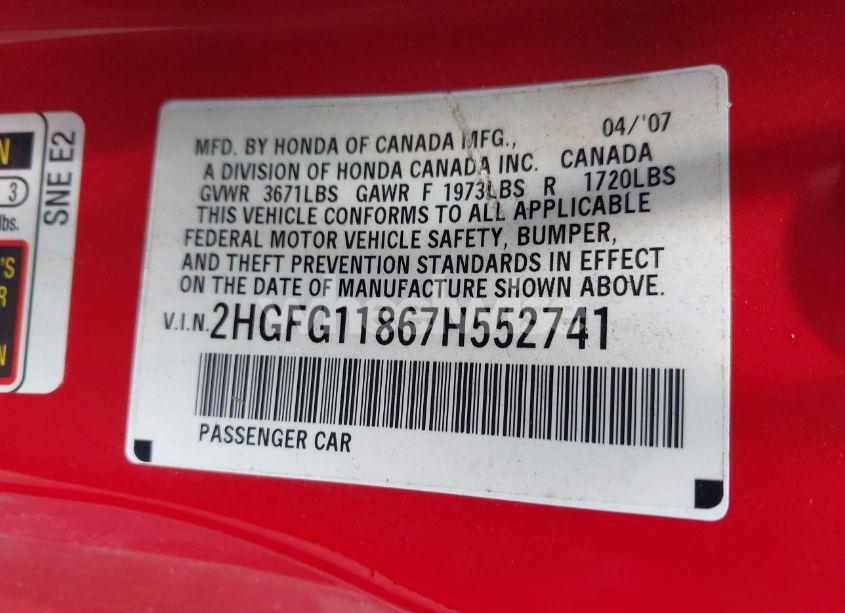 Photo 9 of 2007 Honda Civic EX (VIN 2HGFG11867H552741)