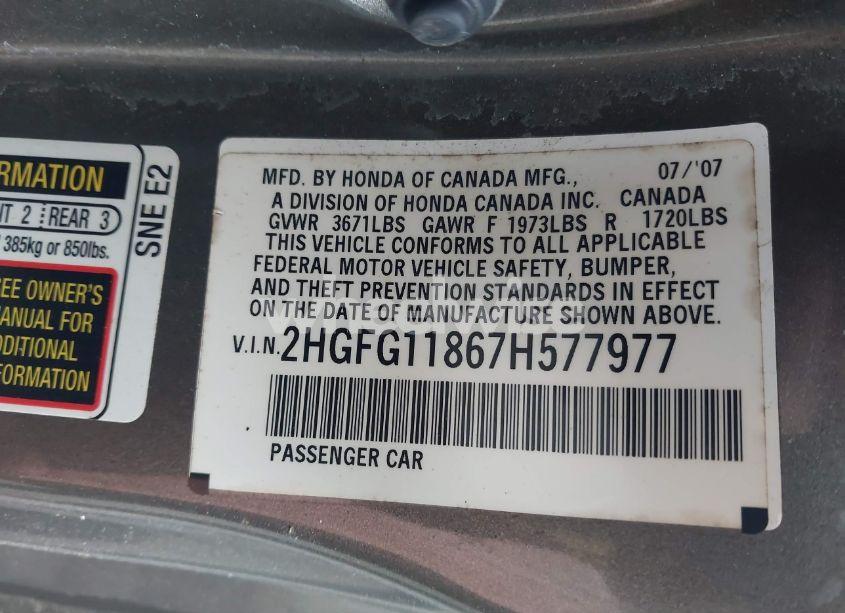 Photo 9 of 2007 Honda Civic EX (VIN 2HGFG11867H577977)