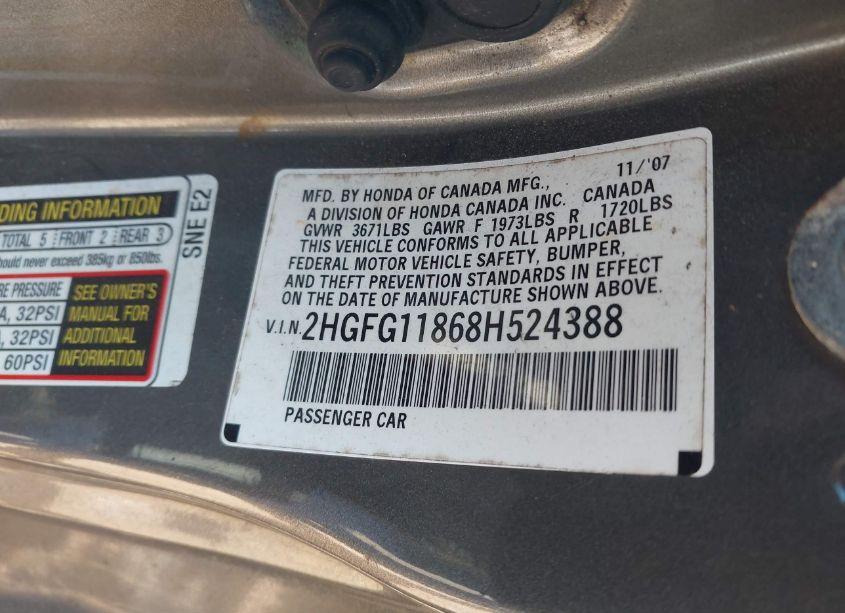 Photo 9 of 2008 Honda Civic EX (VIN 2HGFG11868H524388)