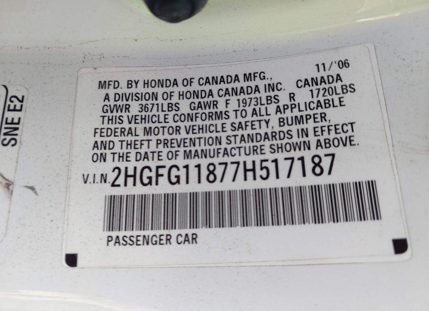 Photo 9 of 2007 Honda Civic EX (VIN 2HGFG11877H517187)