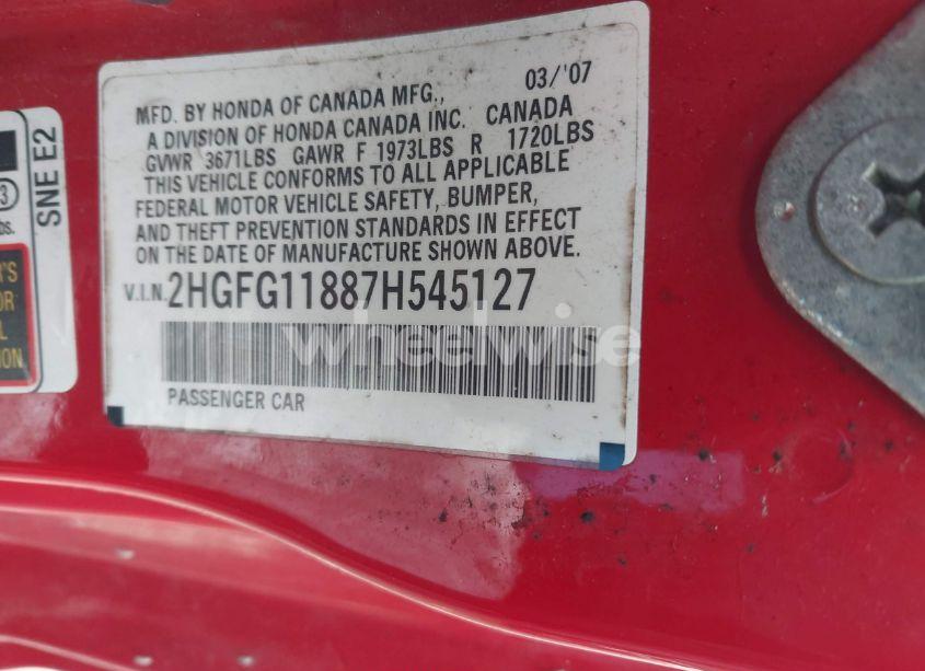 Photo 9 of 2007 Honda Civic EX (VIN 2HGFG11887H545127)