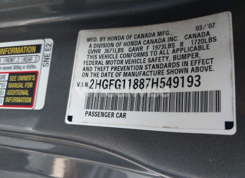 Photo 9 of 2007 Honda Civic EX (VIN 2HGFG11887H549193)