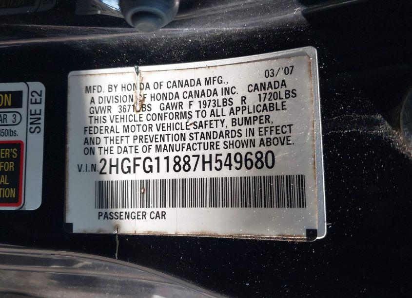 Photo 9 of 2007 Honda Civic EX (VIN 2HGFG11887H549680)