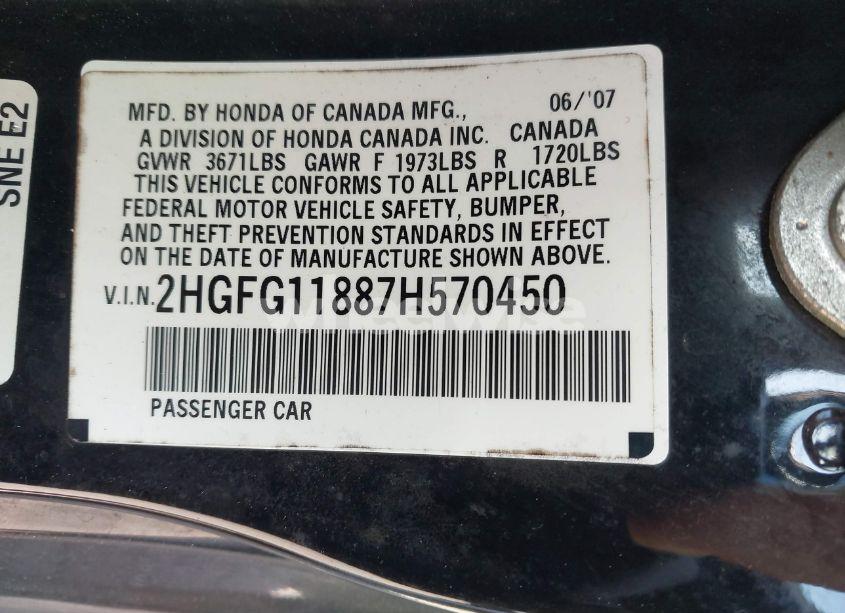 Photo 9 of 2007 Honda Civic EX (VIN 2HGFG11887H570450)