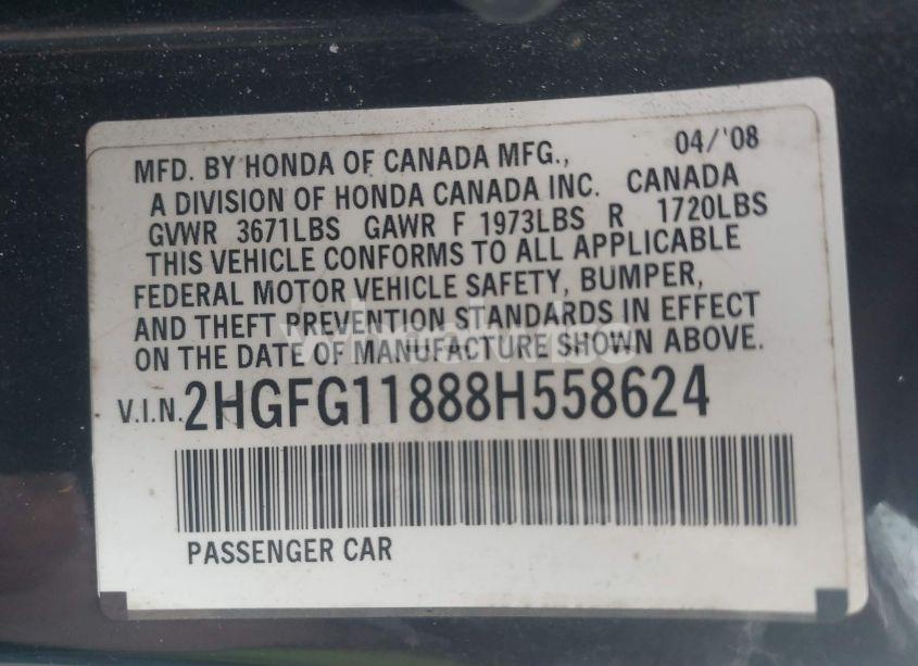 Photo 9 of 2008 Honda Civic EX (VIN 2HGFG11888H558624)