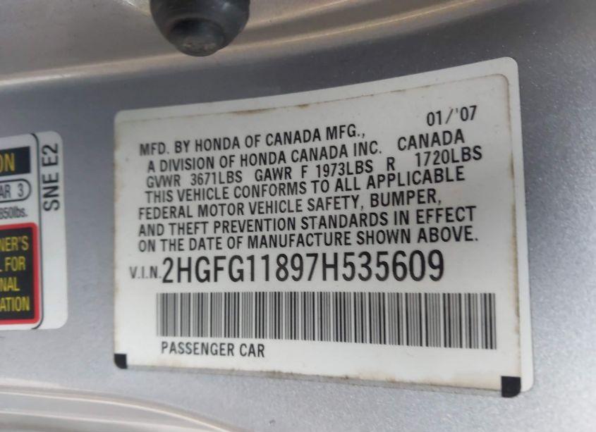 Photo 9 of 2007 Honda Civic EX (VIN 2HGFG11897H535609)