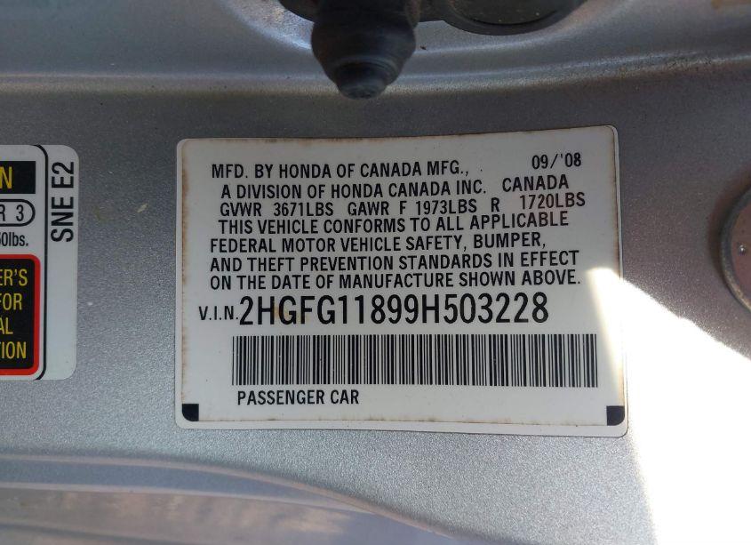 Photo 9 of 2009 Honda Civic EX (VIN 2HGFG11899H503228)