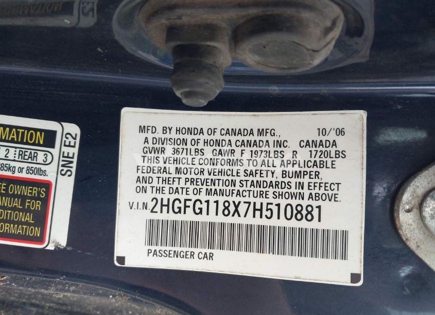 Photo 9 of 2007 Honda Civic EX (VIN 2HGFG118X7H510881)