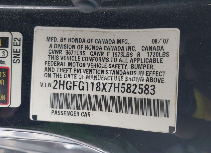 Photo 9 of 2007 Honda Civic EX (VIN 2HGFG118X7H582583)