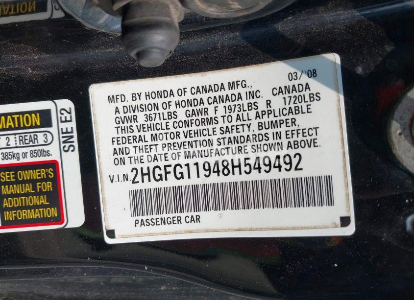 Photo 9 of 2008 Honda Civic EX-L (VIN 2HGFG11948H549492)