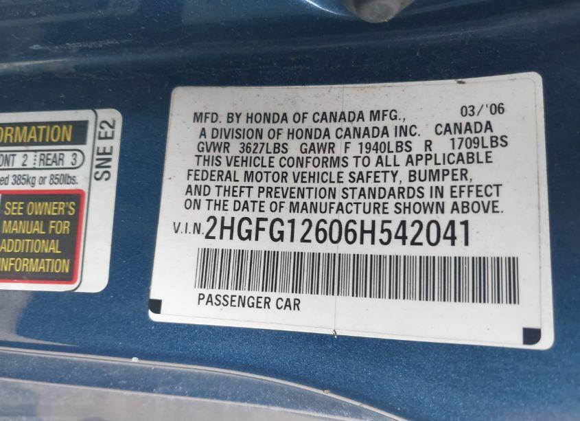 Photo 9 of 2006 Honda Civic LX (VIN 2HGFG12606H542041)