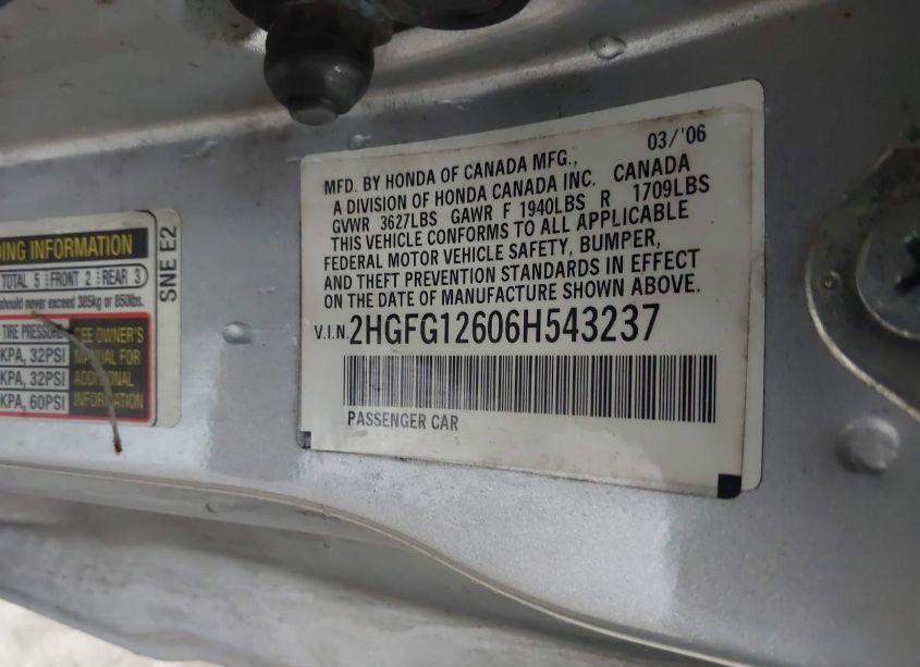 Photo 9 of 2006 Honda Civic LX (VIN 2HGFG12606H543237)