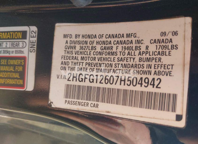 Photo 9 of 2007 Honda Civic LX (VIN 2HGFG12607H504942)