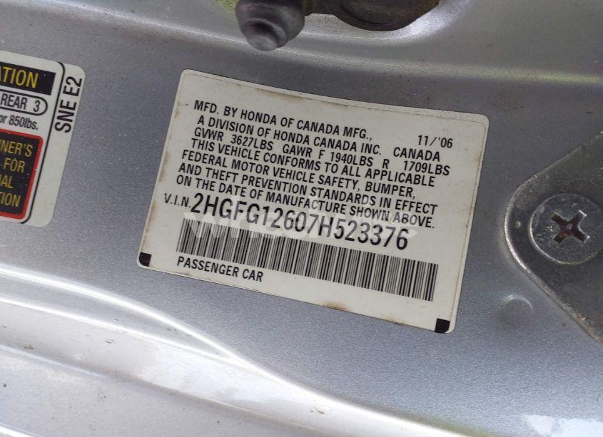 Photo 9 of 2007 Honda Civic LX (VIN 2HGFG12607H523376)