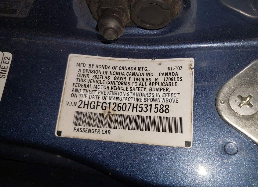 Photo 9 of 2007 Honda Civic LX (VIN 2HGFG12607H531588)