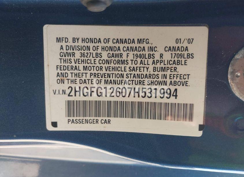 Photo 9 of 2007 Honda Civic LX (VIN 2HGFG12607H531994)