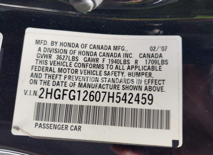 Photo 9 of 2007 Honda Civic LX (VIN 2HGFG12607H542459)