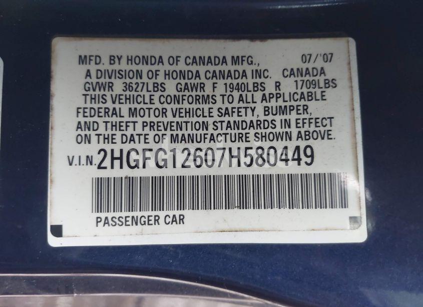Photo 9 of 2007 Honda Civic LX (VIN 2HGFG12607H580449)