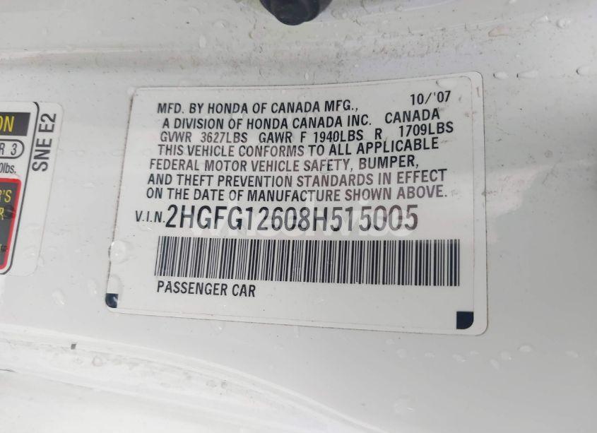 Photo 9 of 2008 Honda Civic LX (VIN 2HGFG12608H515005)