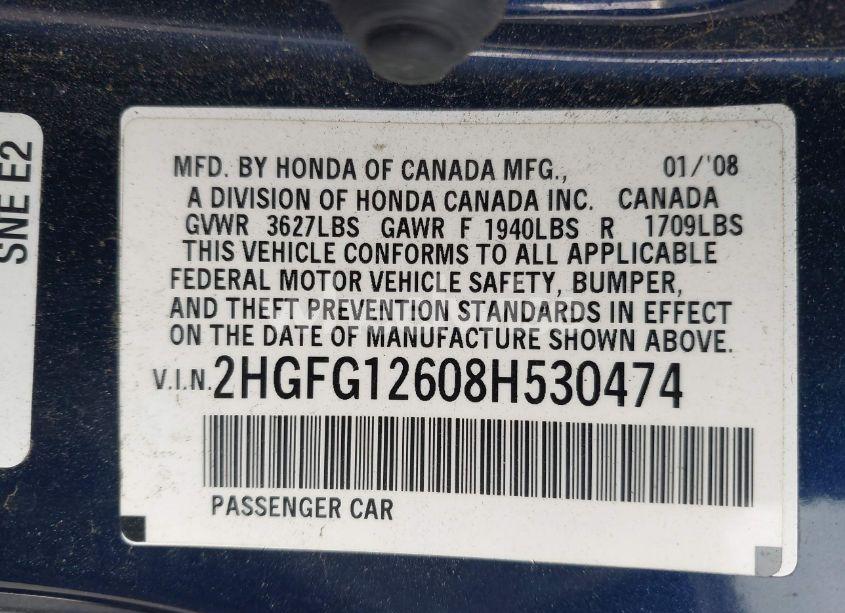 Photo 9 of 2008 Honda Civic LX (VIN 2HGFG12608H530474)