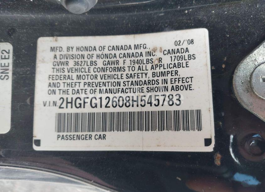 Photo 9 of 2008 Honda Civic LX (VIN 2HGFG12608H545783)