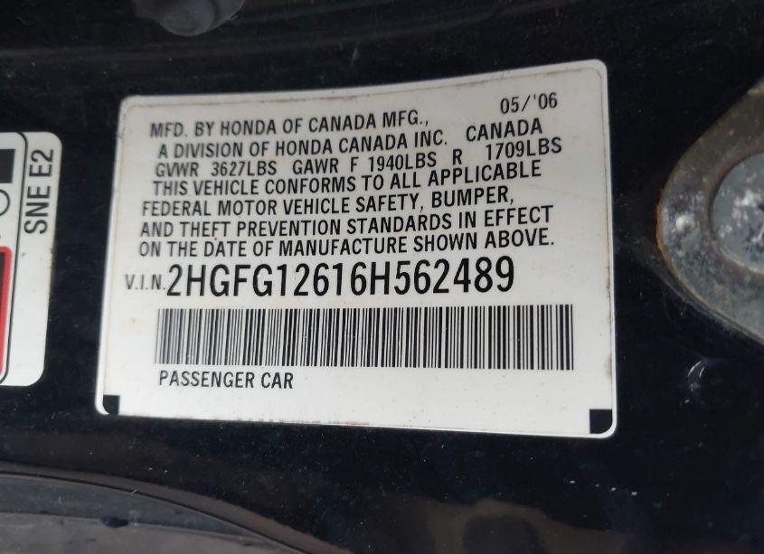 Photo 9 of 2006 Honda Civic LX (VIN 2HGFG12616H562489)