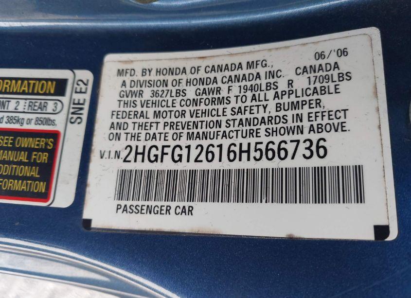 Photo 9 of 2006 Honda Civic LX (VIN 2HGFG12616H566736)
