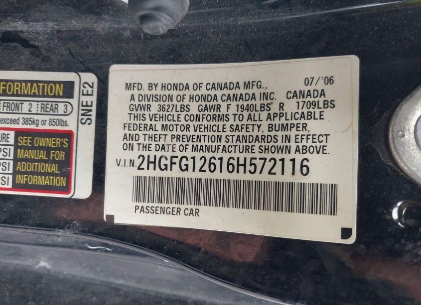 Photo 9 of 2006 Honda Civic LX (VIN 2HGFG12616H572116)