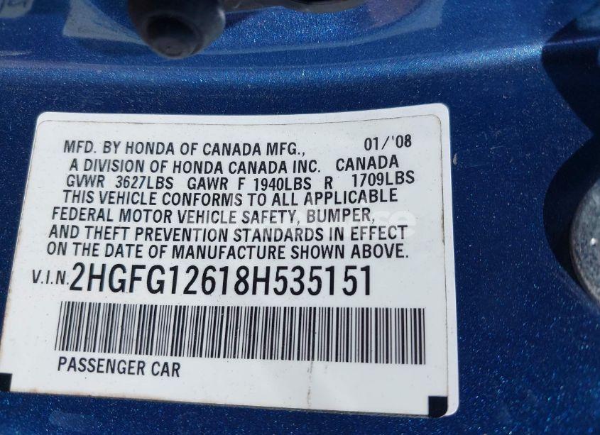 Photo 9 of 2008 Honda Civic LX (VIN 2HGFG12618H535151)