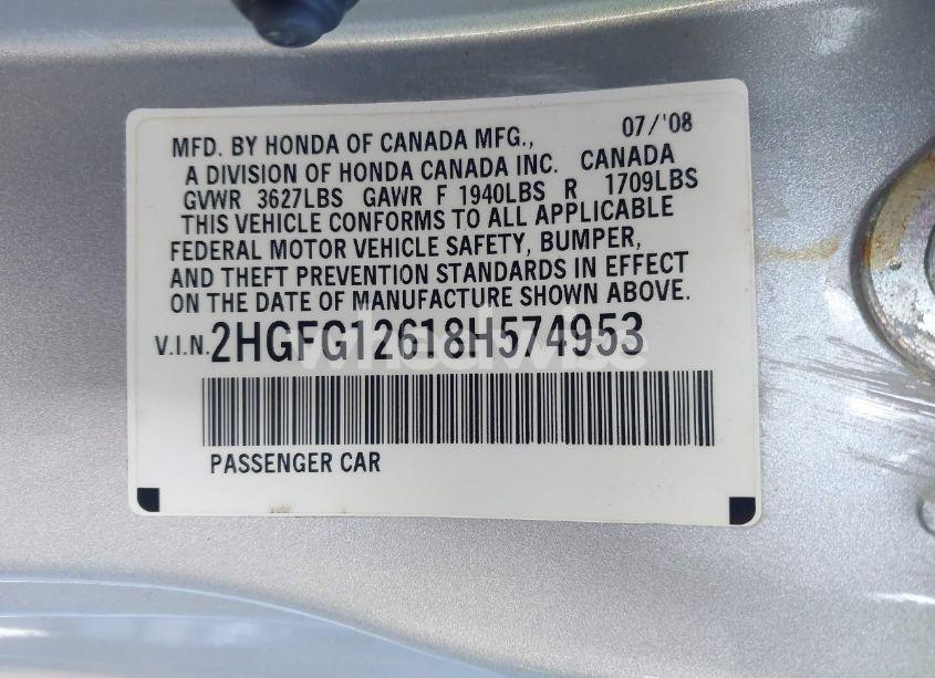 Photo 9 of 2008 Honda Civic LX (VIN 2HGFG12618H574953)