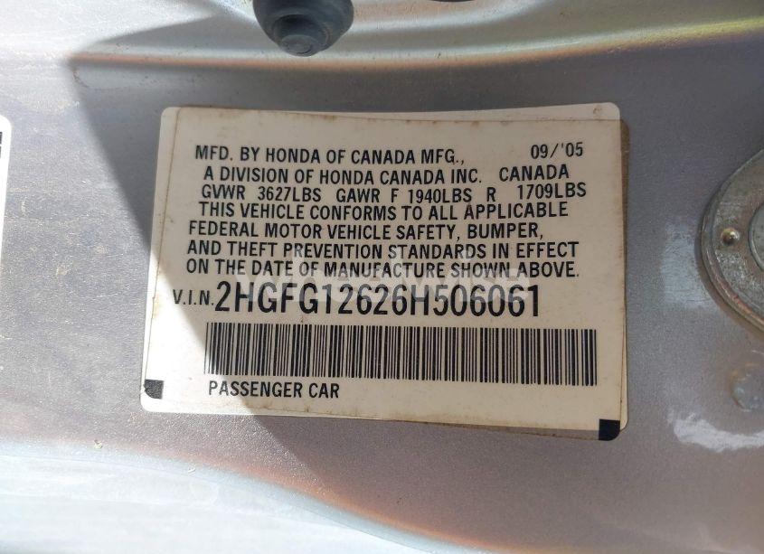 Photo 9 of 2006 Honda Civic LX (VIN 2HGFG12626H506061)