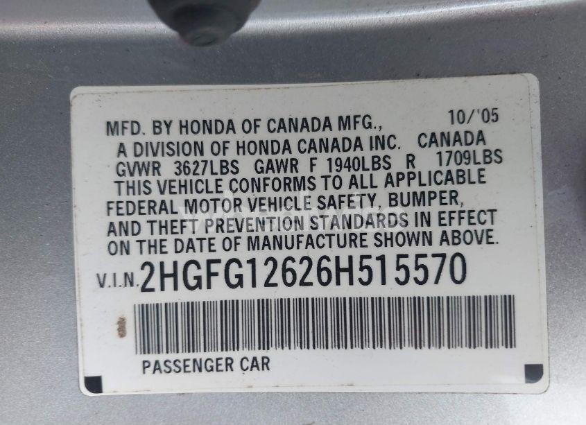 Photo 9 of 2006 Honda Civic LX (VIN 2HGFG12626H515570)