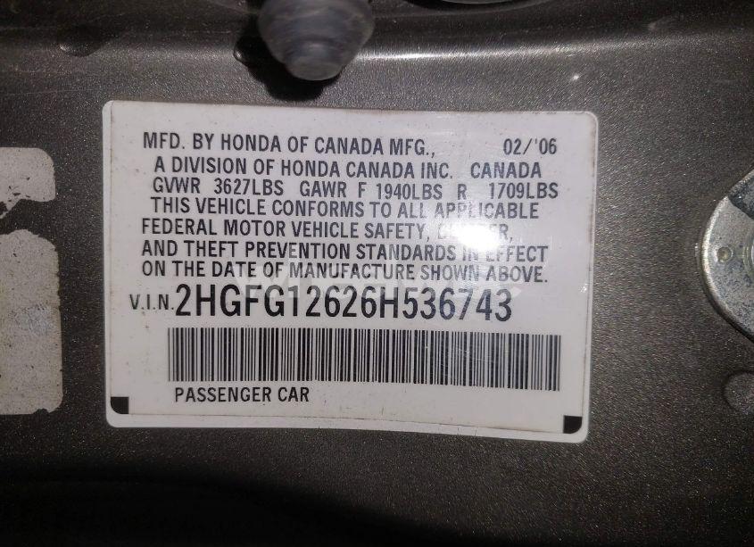 Photo 9 of 2006 Honda Civic LX (VIN 2HGFG12626H536743)
