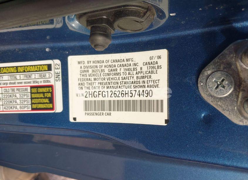 Photo 9 of 2006 Honda Civic LX (VIN 2HGFG12626H574490)