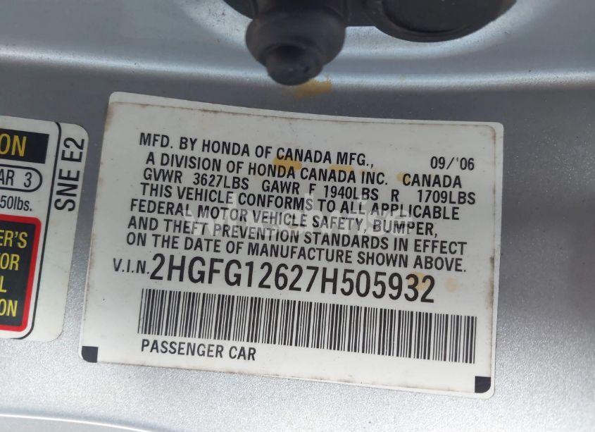 Photo 9 of 2007 Honda Civic LX (VIN 2HGFG12627H505932)