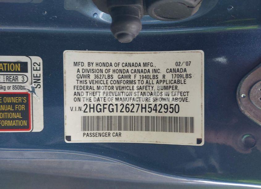 Photo 9 of 2007 Honda Civic LX (VIN 2HGFG12627H542950)