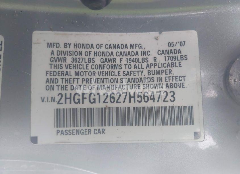 Photo 9 of 2007 Honda Civic LX (VIN 2HGFG12627H564723)