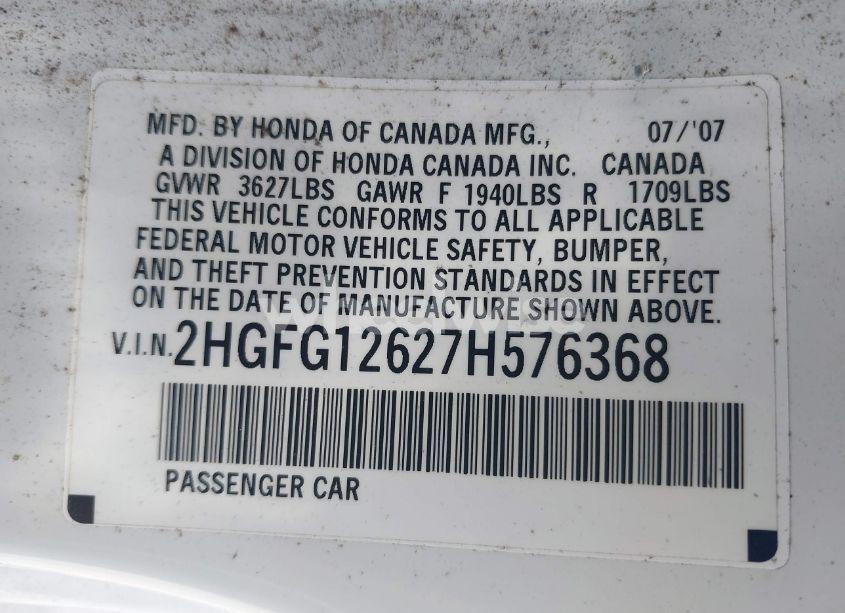 Photo 9 of 2007 Honda Civic LX (VIN 2HGFG12627H576368)